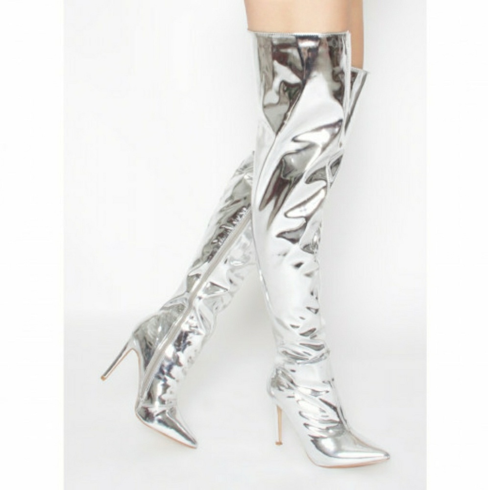 New Metallic Silver Thigh High Boots, Size 7